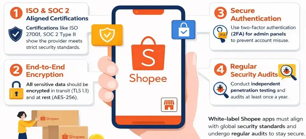 How Safe is a White-Label Shopee App? Security Guide 2026 1 Infographic showing ISO 27001, SOC 2, encryption, 2FA authentication and security audits for white-label Shopee app security in 2026