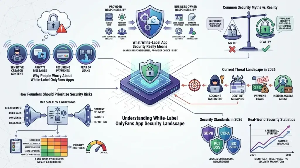 How Safe is a White-Label OnlyFans App? Security Guide 2026 1 White-label OnlyFans app security landscape showing shared responsibilities, common threats, risk priorities, compliance standards, and security controls in 2026.