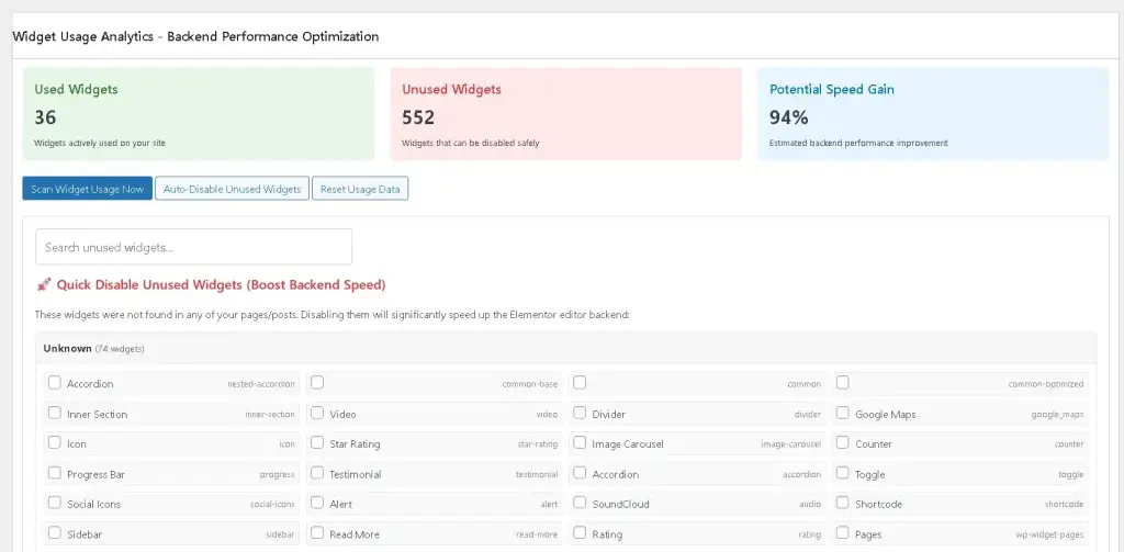 How to Use MCXย Elementorย Editor Optimizer (Step-by-Step)ย 1 Widget Usage Analytics results dashboard showing used and unused Elementor widgets with performance insights inside WordPress.