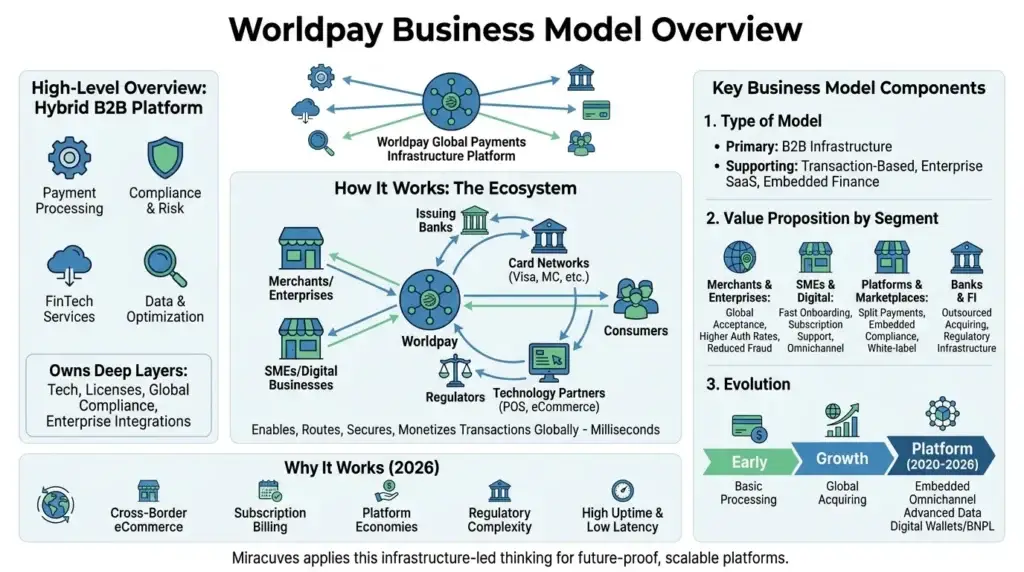 Business Model of Worldpay: Complete Strategy Breakdown 2026 1 Worldpay business model infographic showing hybrid B2B payment infrastructure, merchants, enterprises, banks, card networks, consumers, regulators, technology partners, payment processing, compliance, fintech services, data optimization, and embedded finance.