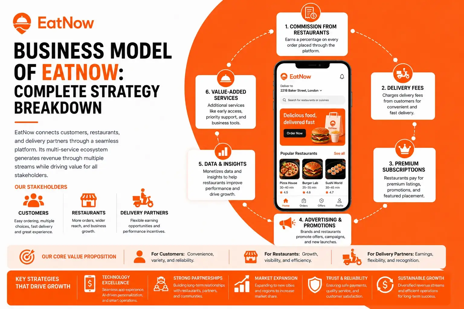 Business model of EatNow infographic showing commissions, delivery fees, subscriptions, advertising, analytics, and food delivery ecosystem growth