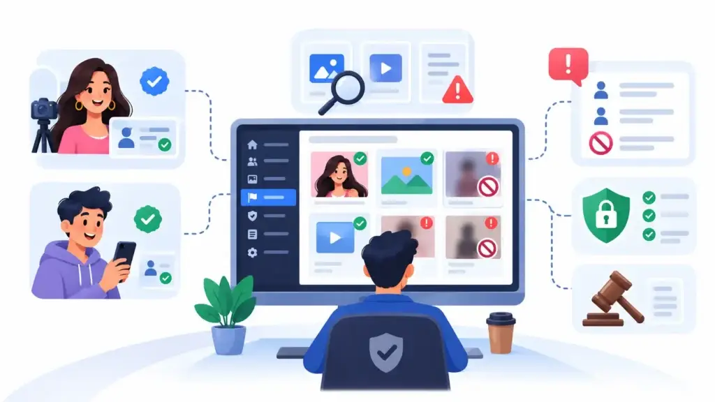 Protecting Creator Accounts, Paid Content, Payments, and Subscriber Data in a Subscription-Based Platform 2 Creator platform content moderation system showing creator verification, subscriber checks, content review, abuse reporting, restrictions, and moderation controls.