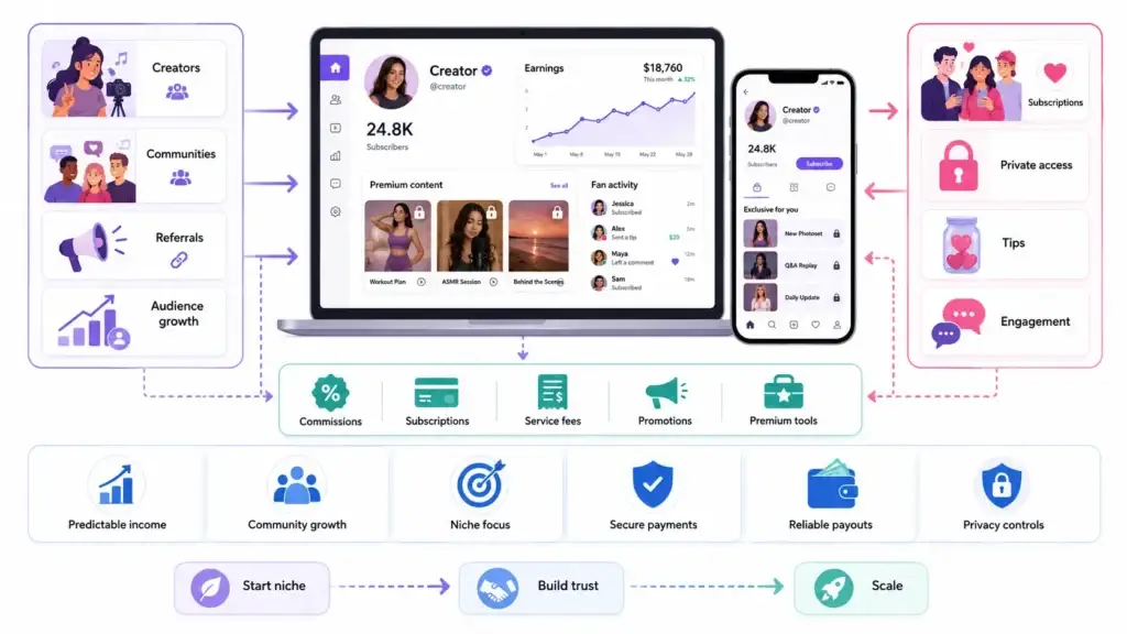 Best LoyalFans Clone Scripts 2026 Build a Creator Subscription Platform 1 Creator subscription platform business model with creators, communities, subscriptions, tips, secure payments, and payouts