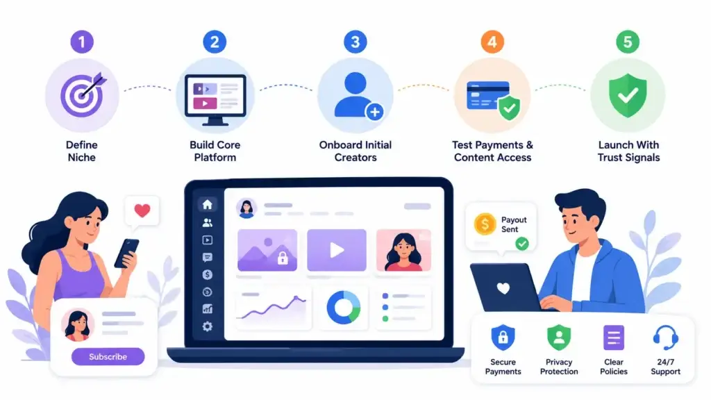 Best LoyalFans Clone Scripts 2026 Build a Creator Subscription Platform 2 Creator subscription platform launch strategy from niche selection and creator onboarding to payments and trust