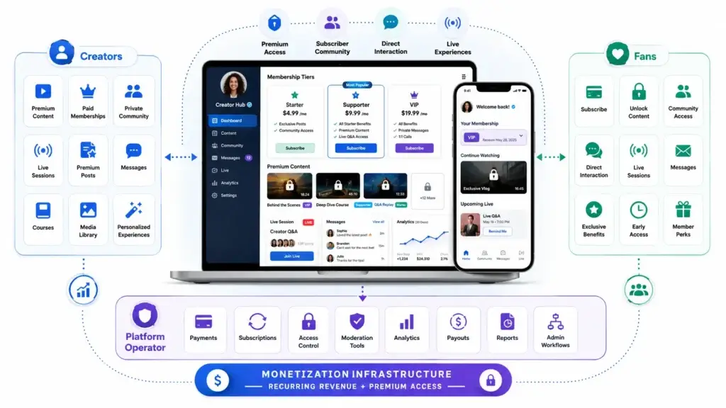 Creator Subscription Platform Business Model: Memberships, PPV, Live Access, and Fan Engagement 1 Creator subscription platform ecosystem connecting creators, fans, memberships, premium content, live sessions, payments, subscriptions, analytics, payouts, and admin workflows