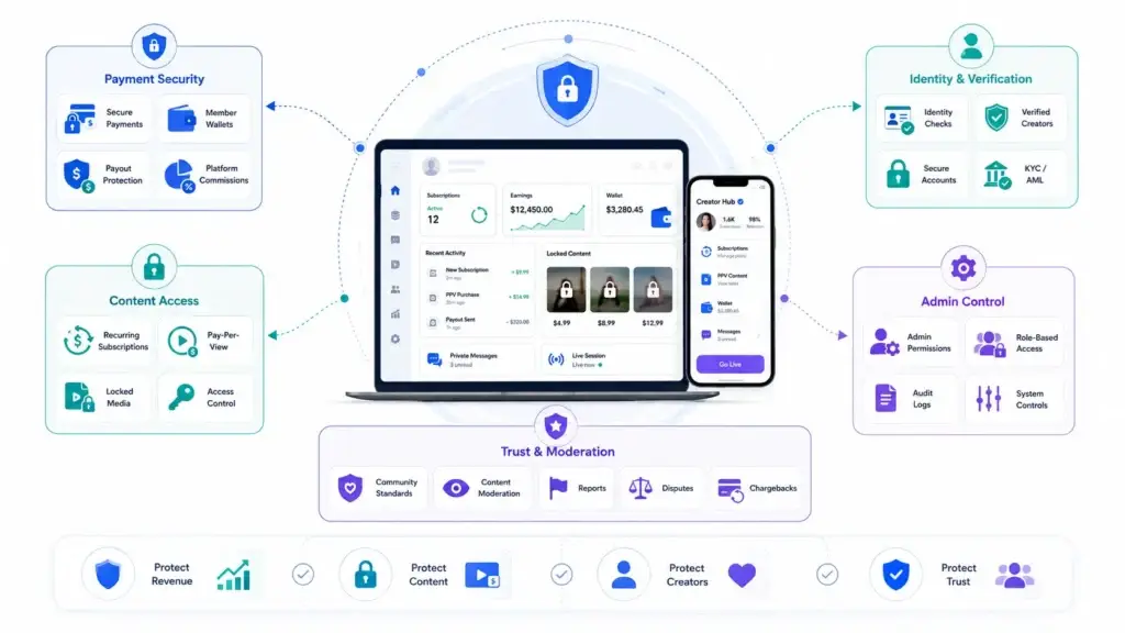 How Should Creator Subscription Platforms Protect Payments, Content, Accounts, and User Data? 1 Creator subscription platform security covering payments, content access, identity verification, admin controls, moderation, disputes, chargebacks, and creator protection