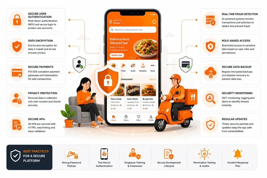 How Safe is a White-Label EatNow App? Security Guide 2026 1 EatNow food delivery app security infographic showing MFA authentication, encrypted payments, fraud detection, secure APIs, and data protection practices