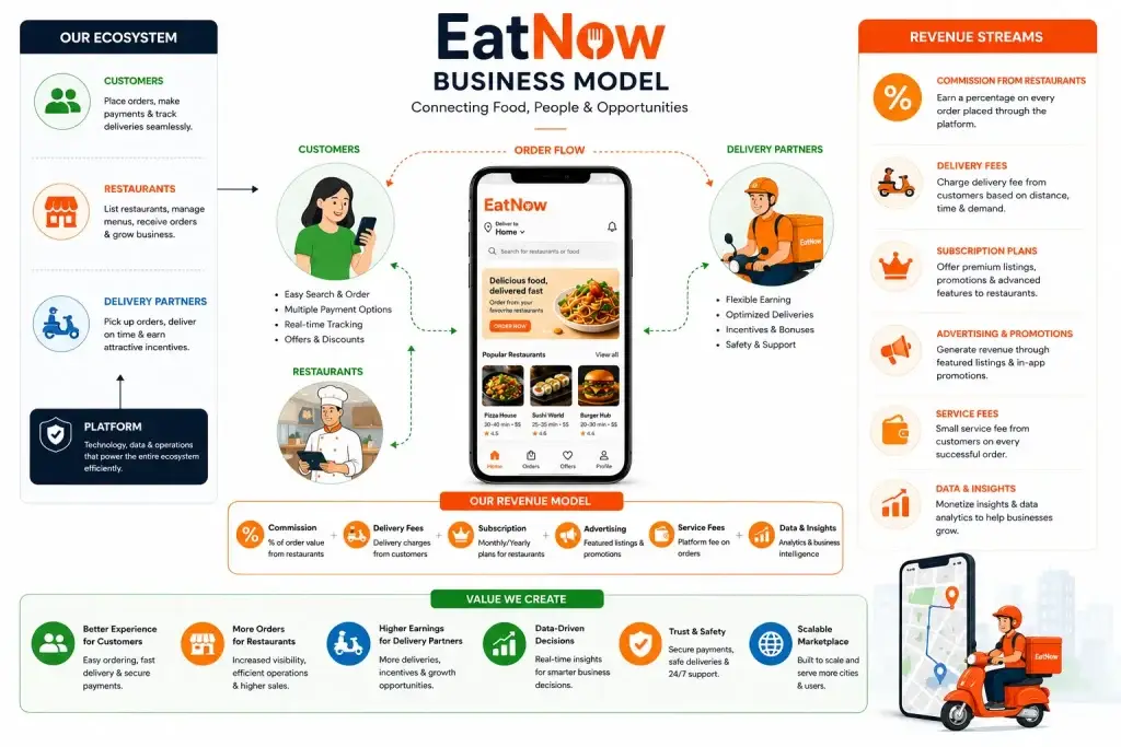 Business Model of EatNow : Complete Strategy Breakdown 2026 1 EatNow business model infographic showing customers, restaurants, delivery partners, revenue streams, and food delivery platform ecosystem