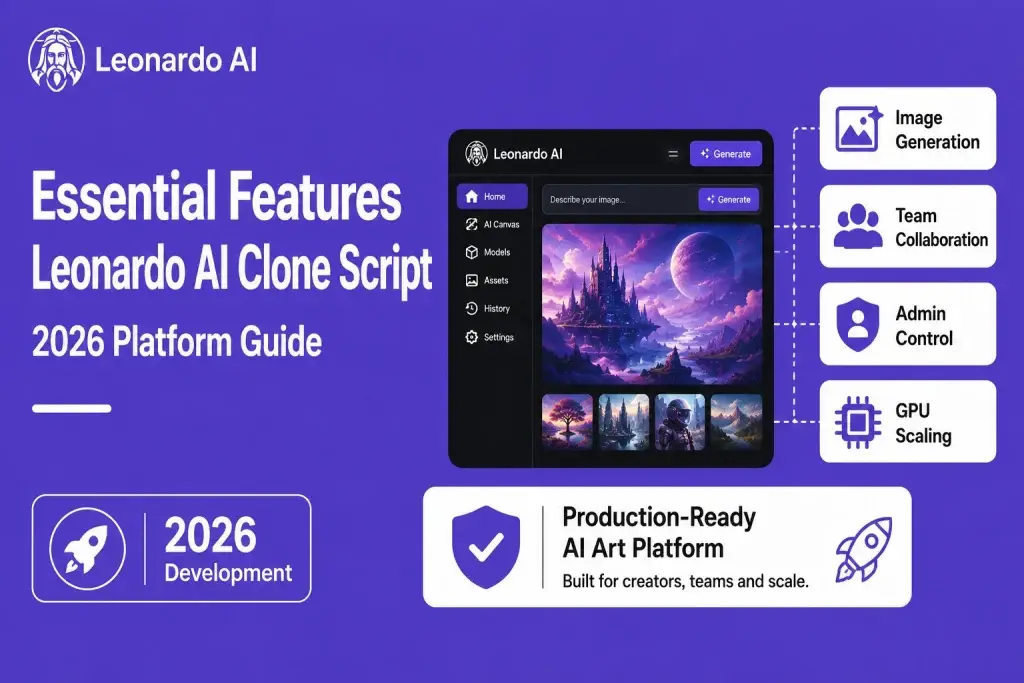 Best Leonardo AI Clone Scripts 2026 for AI Art Platform Development 1 Featured image for essential Leonardo AI clone script features showing AI image generation, team collaboration, admin control, GPU scaling, creative dashboard, and production-ready AI art platform tools.