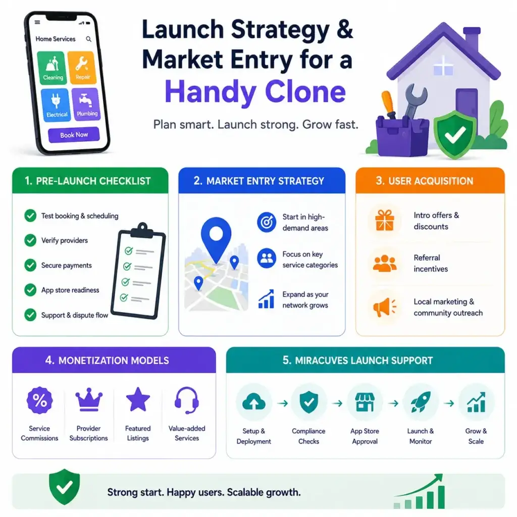 Best Handy Clone Scripts 2026 Build a Professional Home Services App 2 Handy clone launch strategy featuring market entry planning, user acquisition, monetization models, provider onboarding, and home services app growth