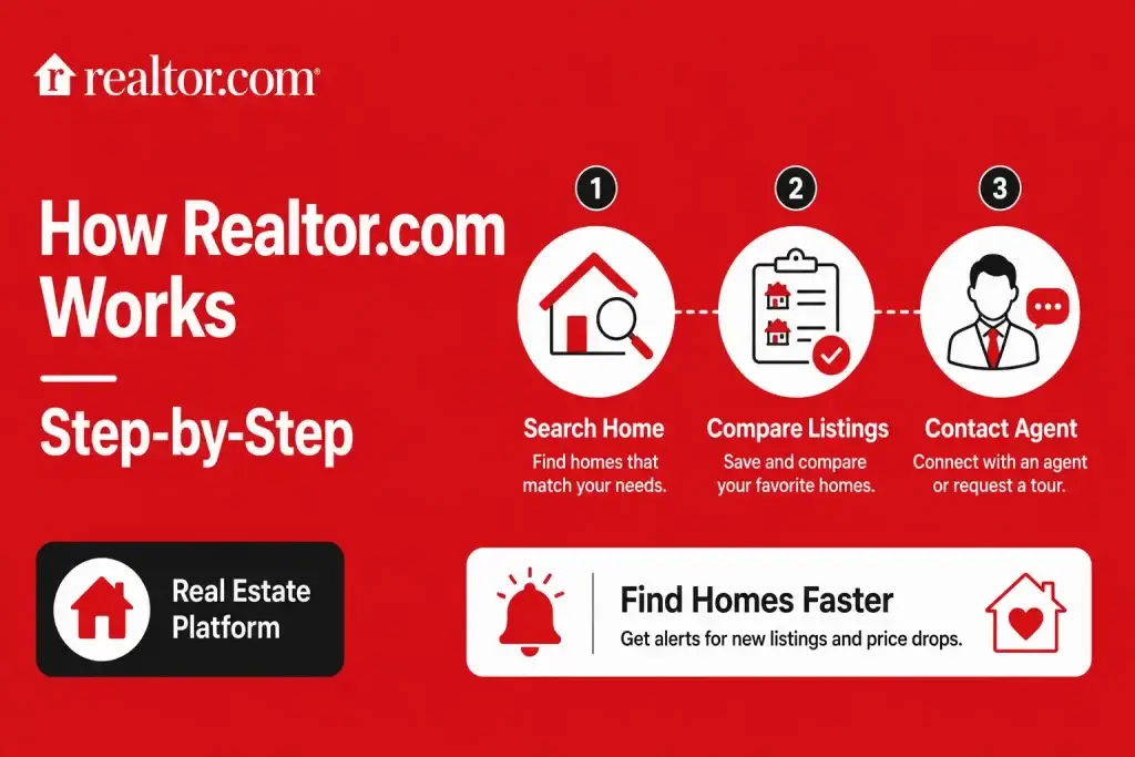 What is Realtor.com and How Does It Work? 1 Featured image explaining how Realtor.com works through home search, listing comparison, agent contact, alerts, saved homes, and real estate platform navigation.