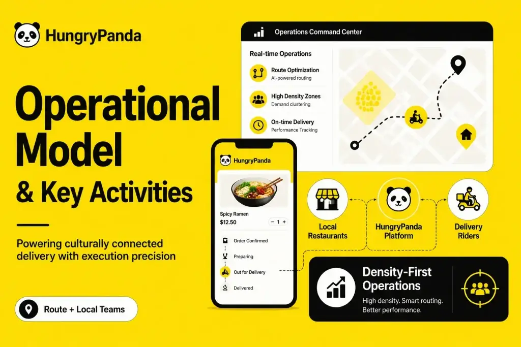Business Model of HungryPanda : Complete Strategy Breakdown 2026 1 Featured image for HungryPanda operational model showing route optimization, high-density delivery zones, local restaurants, delivery riders, order tracking, and real-time operations command center.