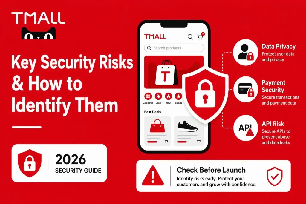 How Safe is a White-Label Tmall App? Security Guide 2026 1 Infographic showing key security risks in a white-label Tmall app, including data privacy, payment security, API risks, encrypted checkout, user protection, and 2026 ecommerce security checks.