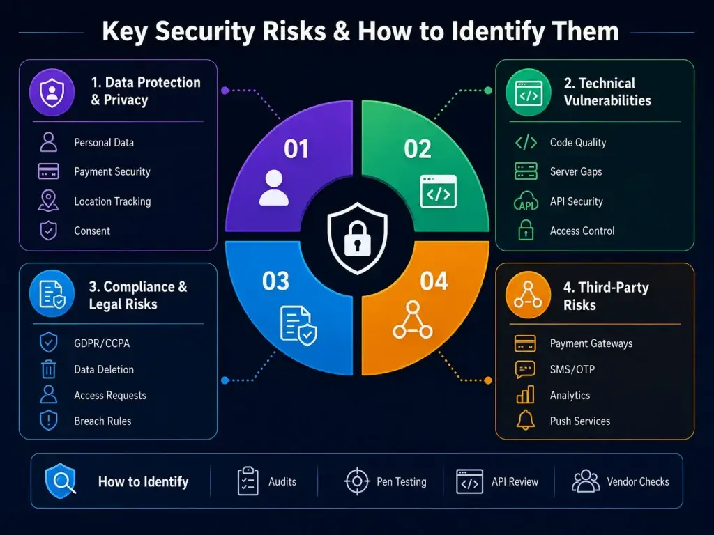 How Safe is a White-Label Thrillz App? Security Guide 2026 1 Infographic showing key white-label app security risks including data privacy, technical vulnerabilities, compliance risks, third-party risks, audits, pen testing, API review, and vendor checks.