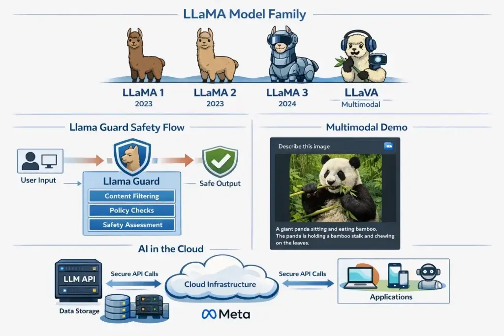 What is Meta LLaMA and How Does It Work? 2 LLaMA model family illustration showing LLaMA 1, LLaMA 2, LLaMA 3, and LLaVA, plus Llama Guard safety flow, multimodal demo, and AI cloud API diagram