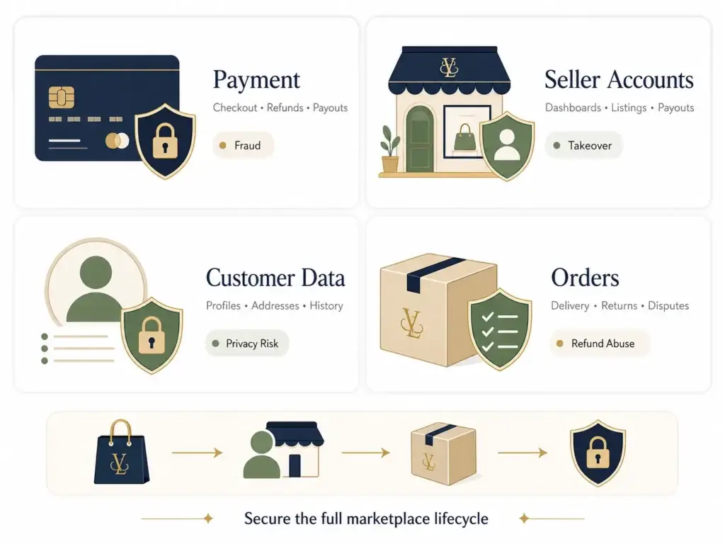 Luxury Fashion Marketplace Security: Protecting Payments, Seller Accounts, Customer Data, and Orders 1 Luxury fashion marketplace security areas covering payments, seller accounts, customer data, orders, refunds, and fraud prevention.