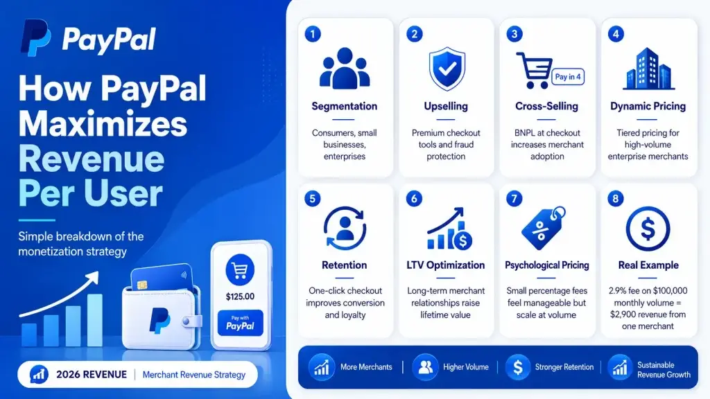 PayPal Revenue Model: How PayPal Makes Money in 2026 1 Infographic explaining how PayPal maximizes revenue per user through segmentation, upselling, cross-selling, dynamic pricing, retention, lifetime value optimization, psychological pricing, and merchant fee examples.