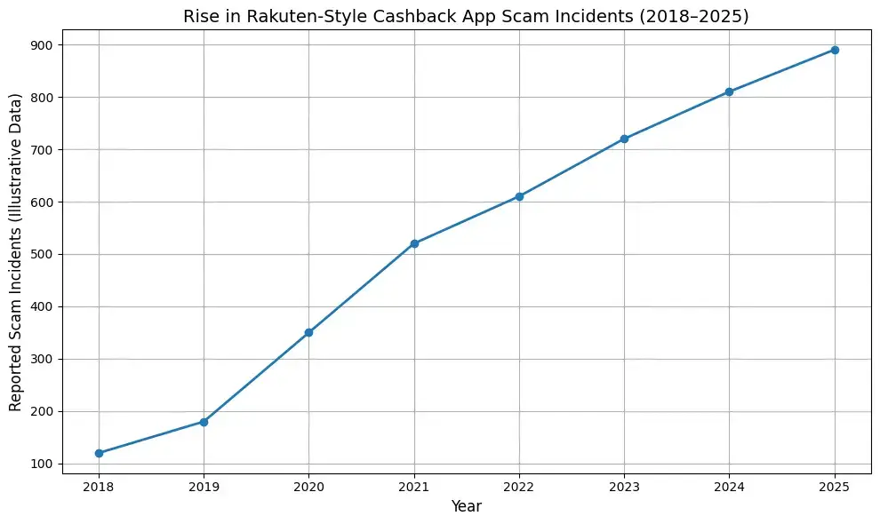 How Safe is a White-Label Rakuten App? Security Guide 2026 1 Line graph showing increase in Rakuten-style cashback app scam incidents from 2018 to 2025