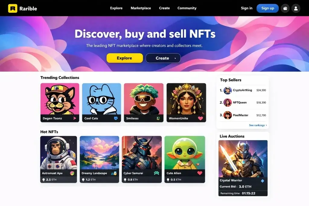 What Is Rarible and How Does It Work? 1 Rarible NFT marketplace homepage displaying trending collections, hot NFTs, top sellers, and live auctions.