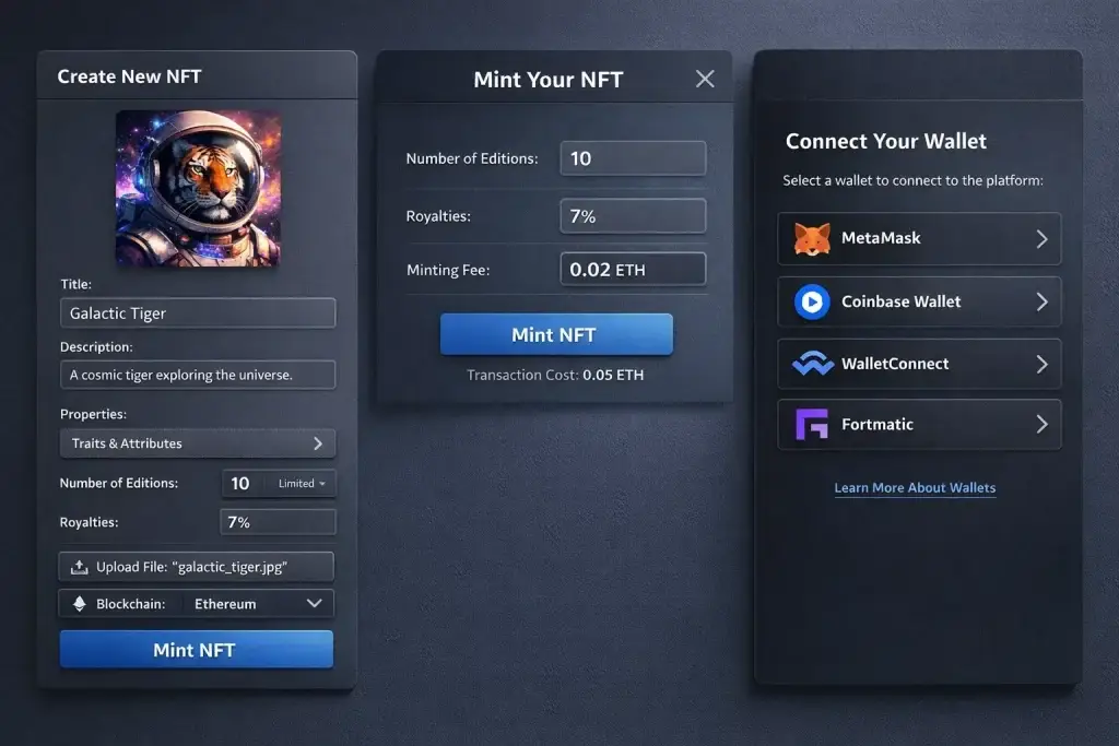 What Is Rarible and How Does It Work? 2 Rarible NFT minting interface showing create NFT form, royalty settings, Ethereum mint fee, and wallet connection options like MetaMask and Coinbase Wallet.