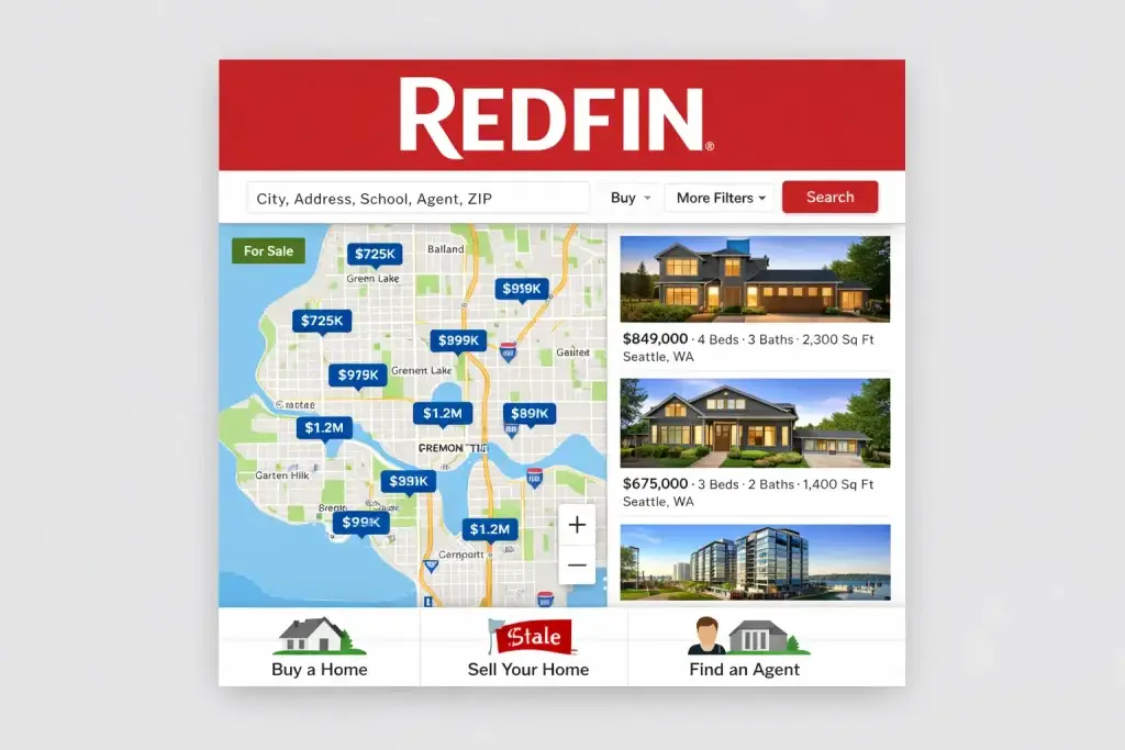 What Is Redfin and How Does It Work? 1 Redfin real estate website showing Seattle home listings with interactive map and property prices.