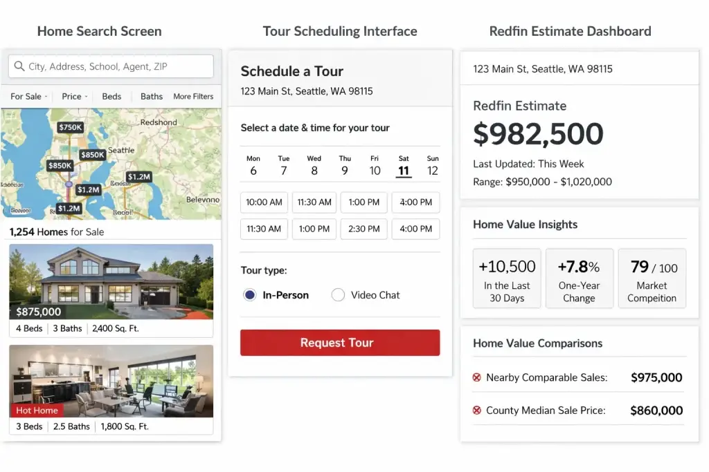 What Is Redfin and How Does It Work? 2 Redfin real estate platform interface showing home search screen, tour scheduling form, and property value estimate dashboard.