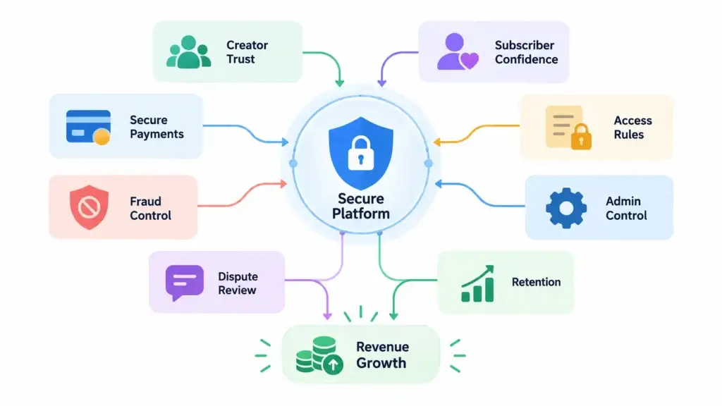 Protecting Creator Accounts, Paid Content, Payments, and Subscriber Data in a Subscription-Based Platform 1 Secure subscription platform showing creator trust, subscriber confidence, secure payments, fraud control, access rules, admin controls, disputes, retention, and revenue growth.