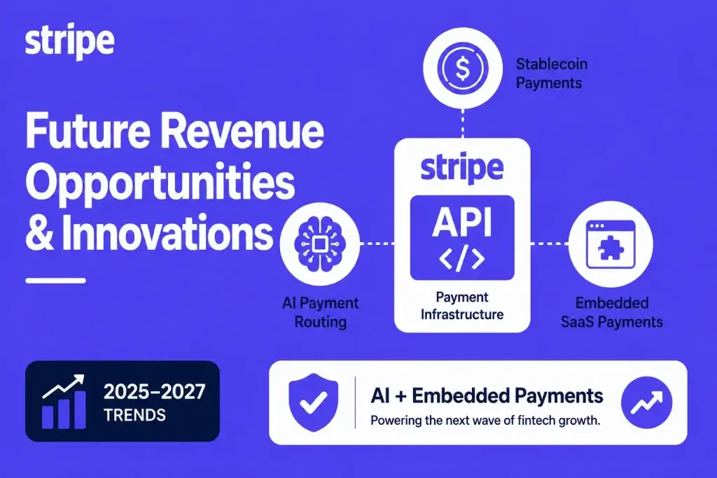 Stripe Revenue Model: How Stripe Makes Money in 2026 1 Featured image for Stripe future revenue opportunities showing Stripe API payment infrastructure, AI payment routing, stablecoin payments, embedded SaaS payments, and 2025โ2027 fintech growth trends.