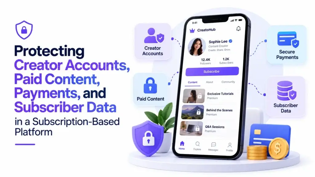 Subscription-based platform security protecting creator accounts, paid content, secure payments, and subscriber data.