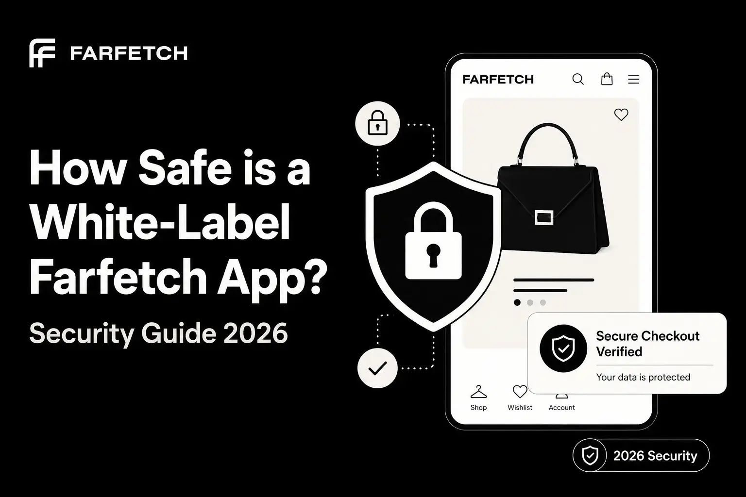 Featured image for white-label Farfetch app security guide showing luxury fashion app interface, secure checkout verification, shield lock icon, and 2026 security protection.