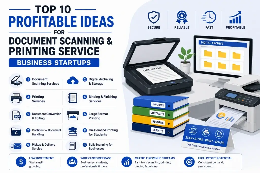 Top profitable document scanning and printing service business startup ideas infographic