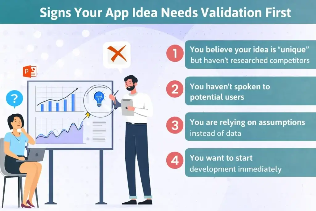 How to Validate Your App Idea Before Development 1 Infographic showing signs your app idea needs validation including lack of competitor research, no user feedback, assumptions instead of data, and rushing development