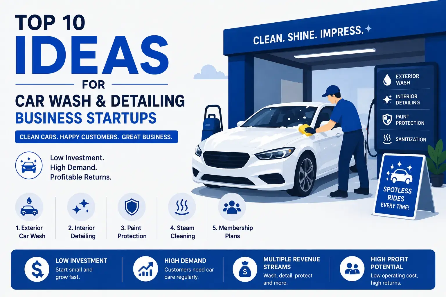 Top car wash and detailing business startup ideas infographic