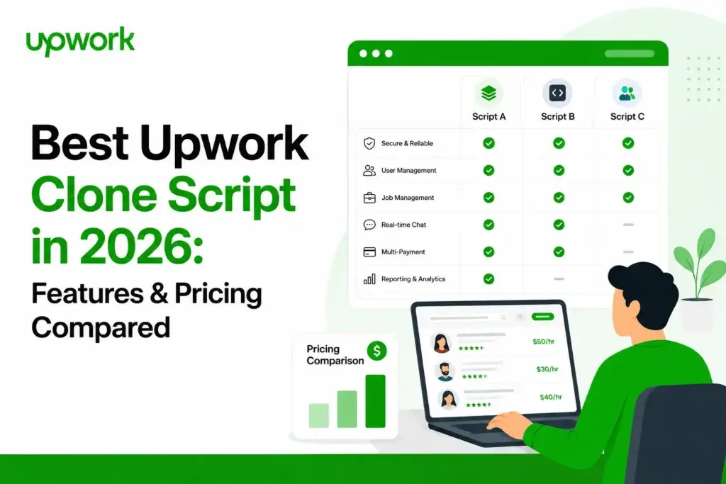 Upwork clone script comparison dashboard showing features, pricing analysis, freelancer marketplace tools, and platform management options