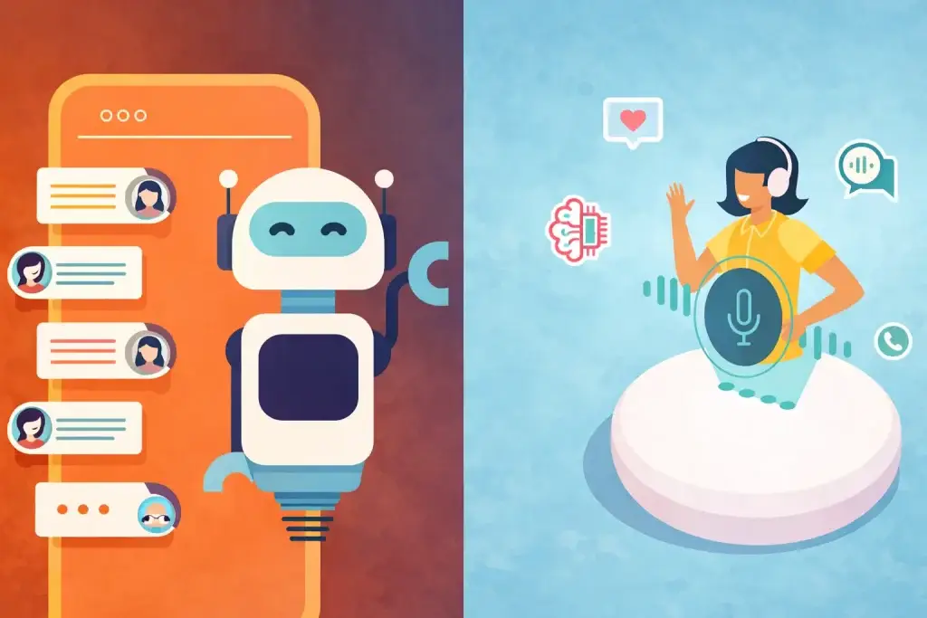AI Features That Can Make Your Mobile App Smarter 2 AI chatbot interacting with users and voice assistant feature in mobile app illustration
