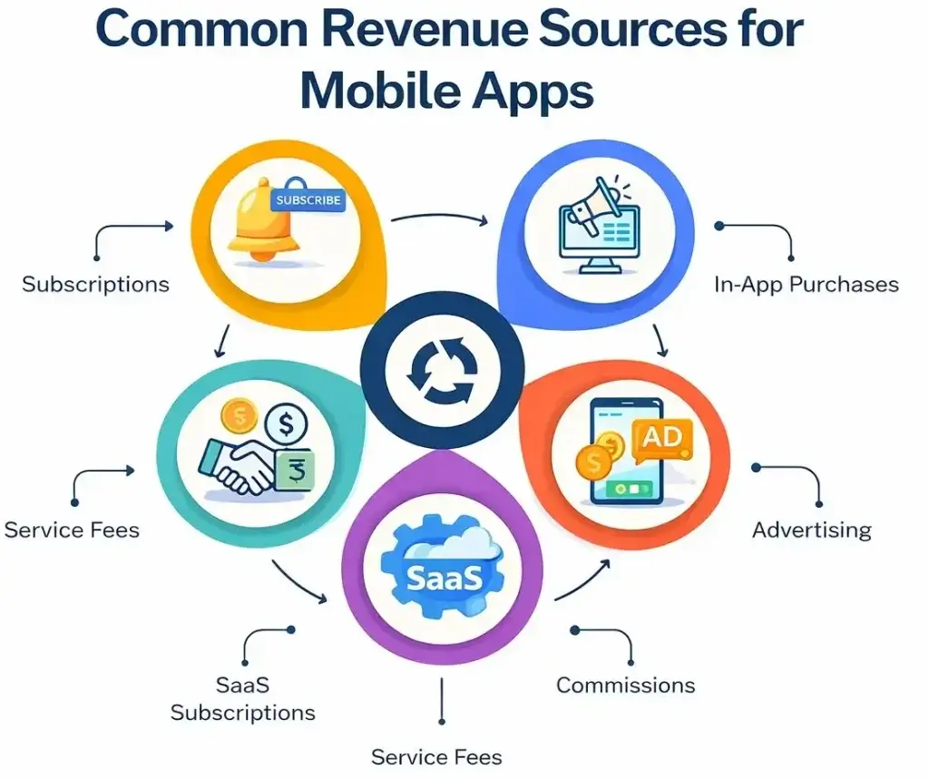 10 App Business Models That Actually Make Money 1 Infographic showing common mobile app revenue sources including subscriptions, in-app purchases, advertising, SaaS subscriptions, commissions, and service fees.