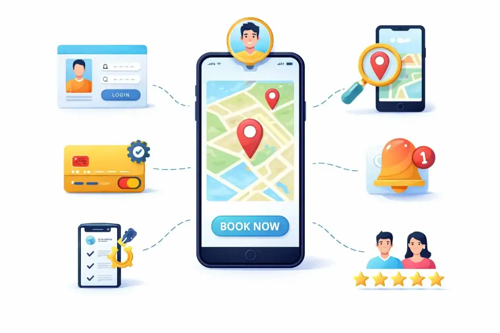 Complete Guide to Launching an On-Demand App 1 Customer app features illustration showing login, service search, real-time tracking, payment integration, notifications, and ratings