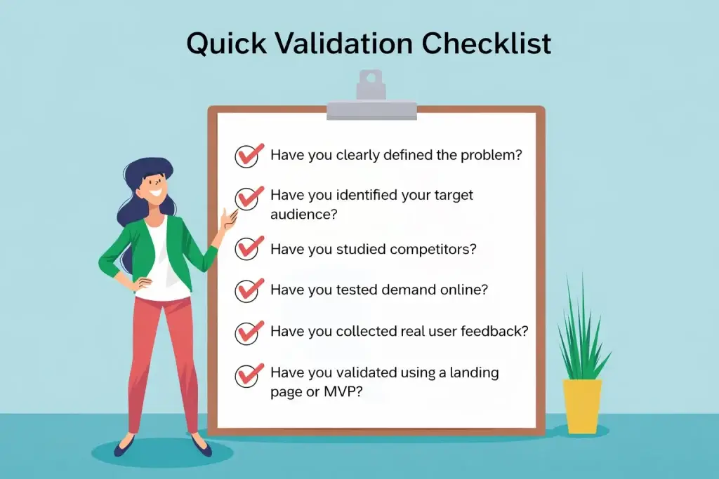 How to Validate Your App Idea Before Development 2 Quick validation checklist illustration showing steps to validate a mobile app idea including problem definition, audience research, competitor analysis, and MVP testing