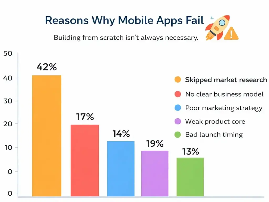 Common Mistakes to Avoid When Building a Mobile App 1 mobile app development mistakes chart showing reasons why apps fail including market research, business model, and marketing issues
