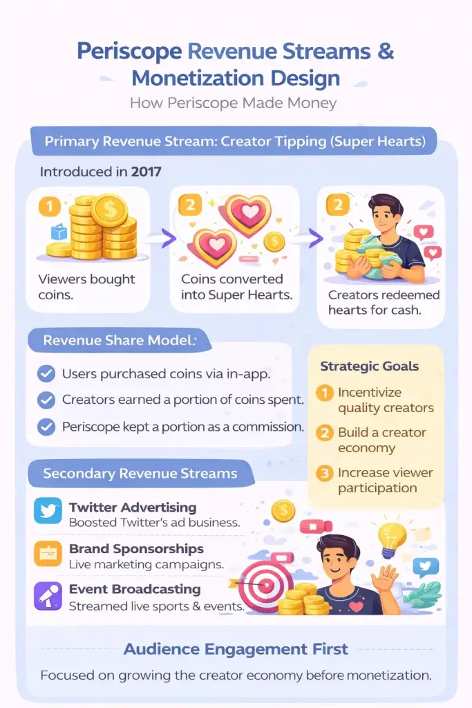 Business Model of Periscope: Complete Strategy Breakdown 2026 1 Simple infographic explaining Periscope revenue streams including creator tipping through Super Hearts, Twitter advertising support, brand collaborations, and event broadcasting.