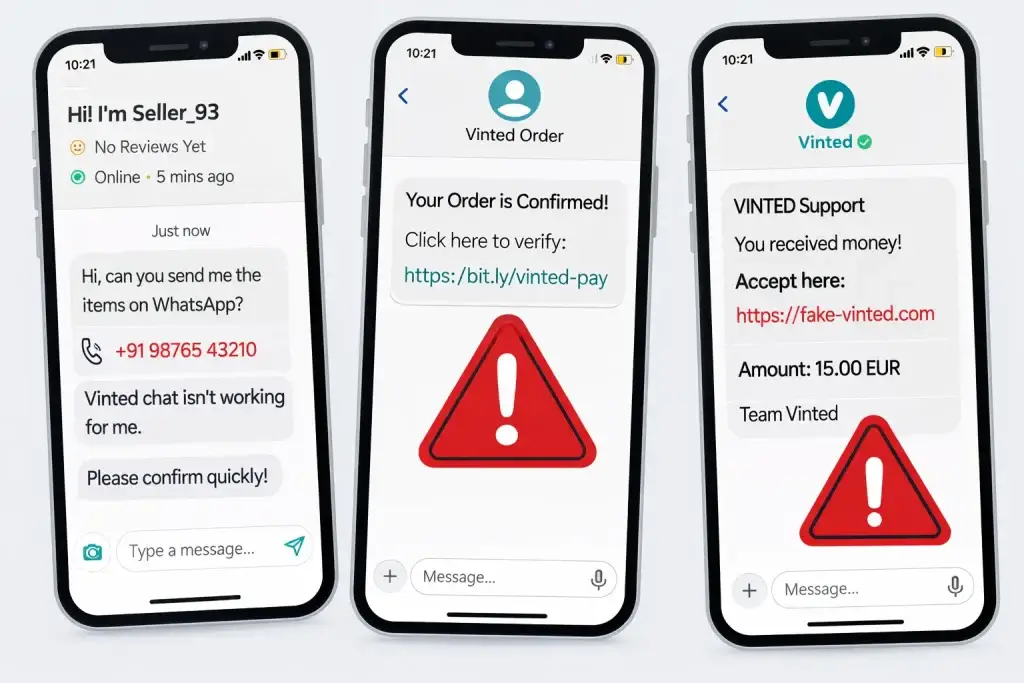 How Safe is a White-Label Vinted App? Complete Security Guide 2026 2 Examples of scam messages and phishing links in a white-label Vinted marketplace app shown on three smartphones