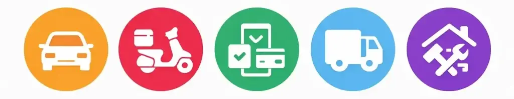 How Super Apps Like Gojek Are Changing Businesses 1 Icons representing super app services including ride hailing, food delivery, digital payments, logistics and home services
