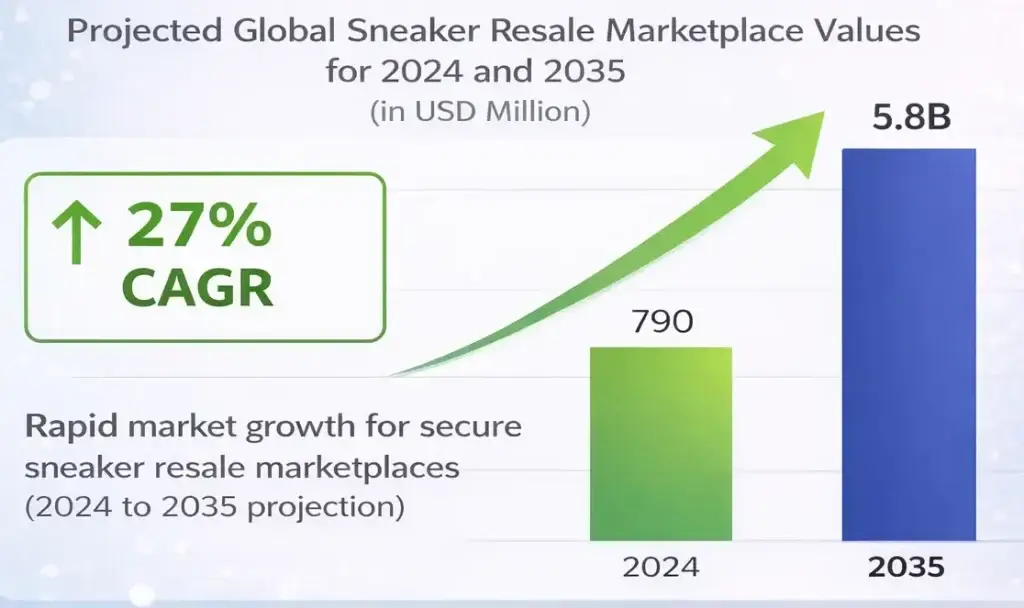 How Safe is a White-Label StockX App? Complete Security Guide 2026 2 Sneaker resale marketplace market growth projection showing 27 percent CAGR from 2024 to 2035