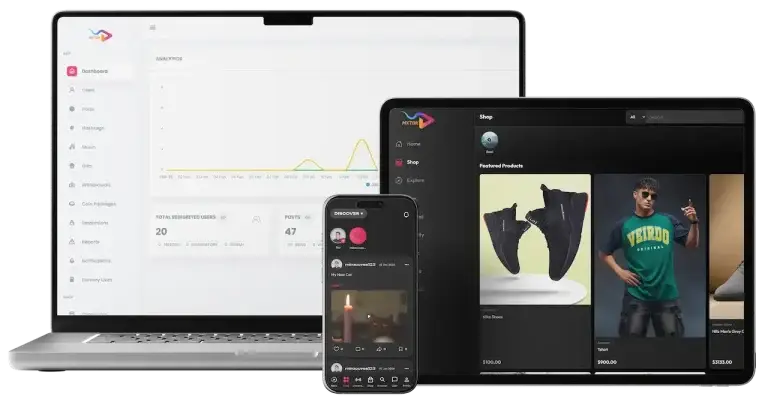 TikTok Clone 57 TikTok clone shown across desktop, tablet, and mobile with platform analytics, social commerce, creator video feeds, products, and business tools