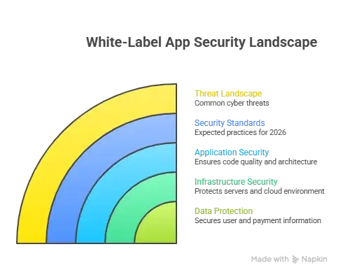 How Safe is a White-Label Newegg App? Security Guide 2026 1 White-label app security landscape infographic showing threat landscape, security standards, application security, infrastructure security, and data protection layers.