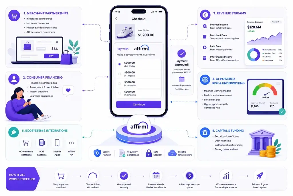 Business Model of Affirm: Complete Strategy Breakdown 2026 1 Affirm BNPL business model infographic showing merchant partnerships, consumer financing, revenue streams, AI underwriting, and installment payment system