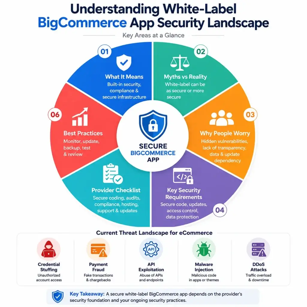 How Safe is a White-Label BigCommerce App? Security Guide 2026 1 Infographic explaining white-label BigCommerce app security landscape, including security requirements, ecommerce threats, compliance, provider checklist, and security best practices.