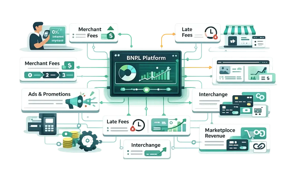 Business Model of Afterpay : Complete Strategy Breakdown 2026 1 BNPL platform revenue model infographic showing merchant fees, late fees, interchange income, marketplace revenue, and advertising streams.
