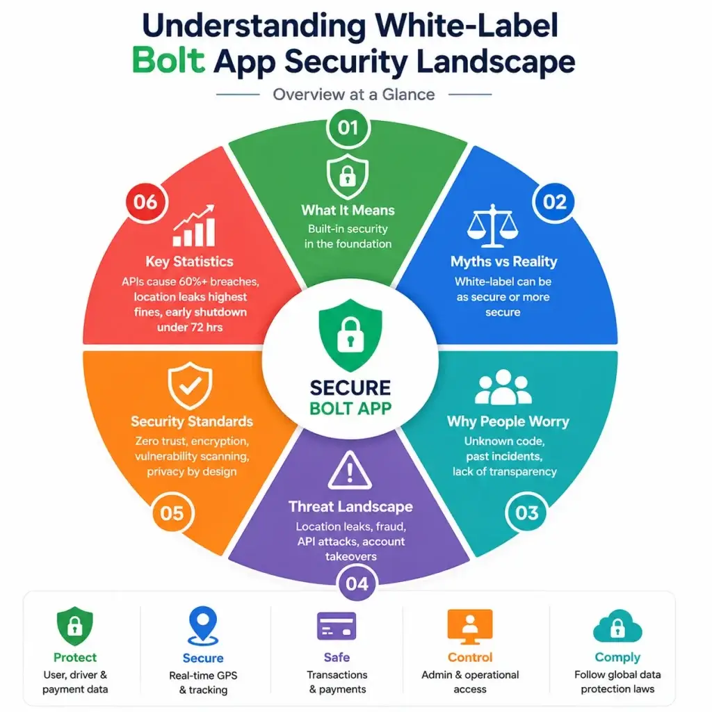 White-Label Bolt App Security: Risks, Compliance & Safety in 2026 1 Infographic explaining white-label Bolt app security landscape with risks, security standards, compliance, API threats, and data protection.