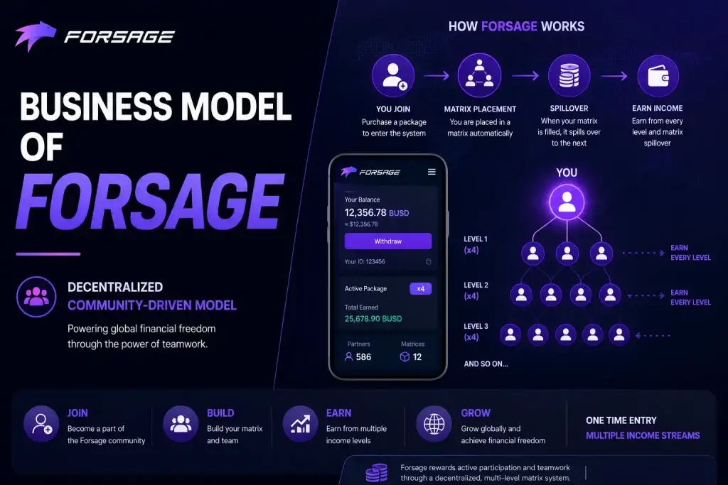 Forsage business model infographic showing decentralized matrix system, community-driven earnings, and multi-level crypto income structure